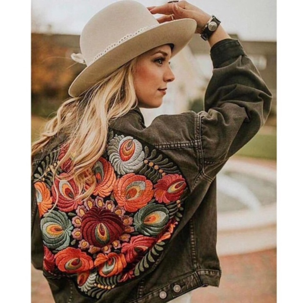 🌺High Quality Boho Floral Jean Jacket Dusty Black